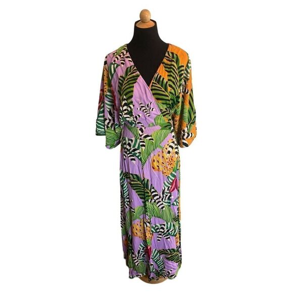 FARM RIO Mixed Striped Bananas Maxi Wrap Dress, Size XS - Picture 9 of 14